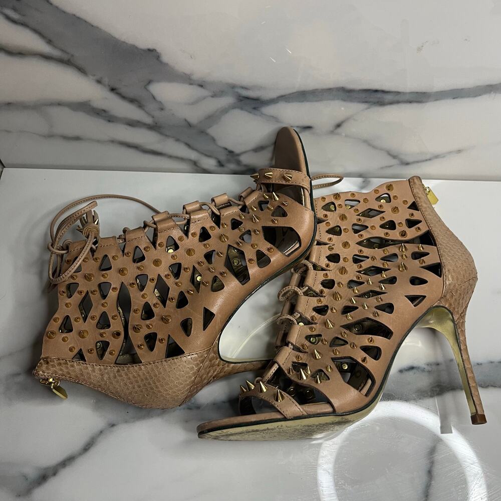 Sam Edelman Women's Tan Leather Spikes Open Toe Allison Bootie Heels Sz 6.5 - Picture 6 of 7